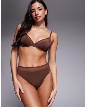 ASOS Tanga Marrón De Talle Y Pernera Altos De Microfibra Con Detalle De Malla Ella De