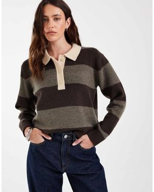 JJXX Long Sleeve Knitted Polo With Stripes - Brown