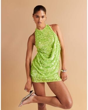 ASOS Embellished Sequin Draped Front Mini Dress With High Neck And Open Back - Green