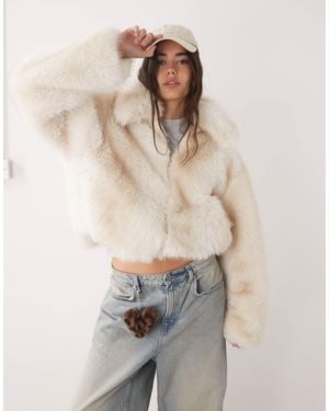 Monki Short Faux Fur Jacket - Natural