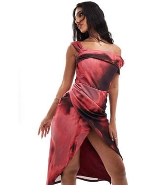 True Violet Vestito Midi A Portafoglio Color Vino Con Stampa Sfocata E Scollo Alla Bardot Asimmetrico - Rosso