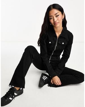 Pull&Bear Denim Long Sleeve Jumpsuit - Black