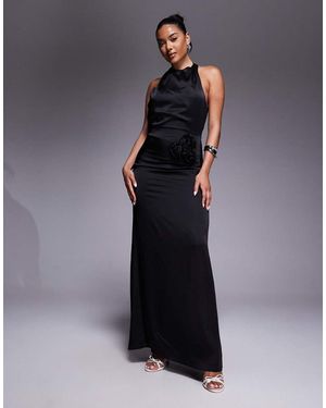 Jarlo Satin Halterneck Open Back Corsage Detail Maxi Dress - Blue