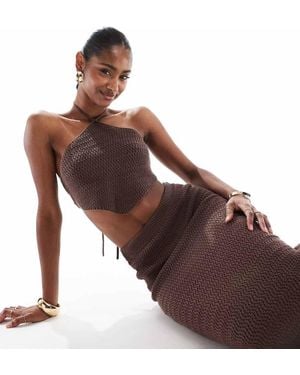 4th & Reckless Knitted Halterneck Cropped Beach Scarf Top Co-ord - Brown