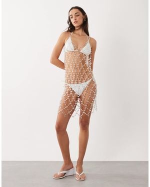 Miss Selfridge Beach Premium Embellished Sheer Cowl Back Mini Dress - Natural