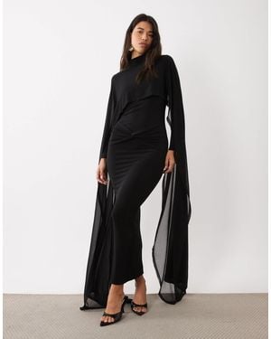 DASKA Sculpted Slinky Mesh Maxi Cape Detail Bodycon Dress - White