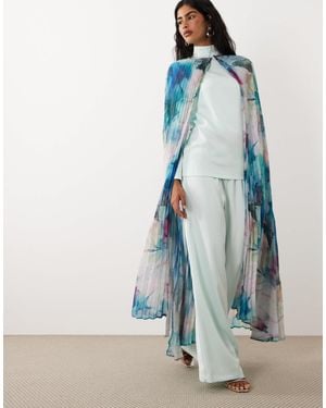 Iyal Satin Printed Maxi Cape - Blue