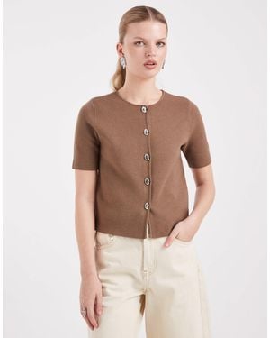 Threadbare Short Sleeve Compact Knit Cardigan With Contrast Buttons - Natural