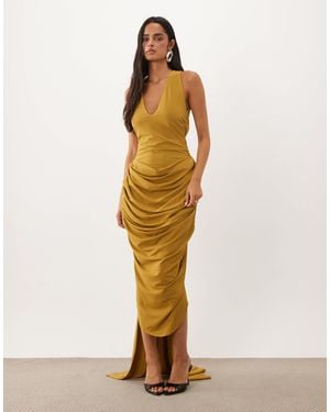 ASOS Plunge Neck Midi Dress With Open Back & Train Detail - Metallic