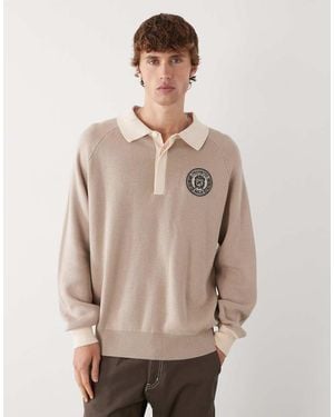 Prohibited Long Sleeve Oversized Emblem Patch Logo Knit Polo - Natural