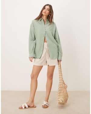 Stradivarius Linen Look Long Sleeve Shirt - Green