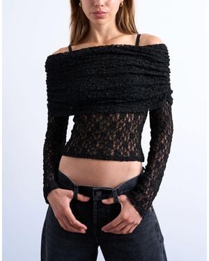 TOPSHOP Lace Deep Fold Bardot Long Sleeve Top - Black