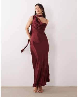 TFNC London Satin One Shoulder Cowl Neck Scarf Detail Maxi Dress - Red