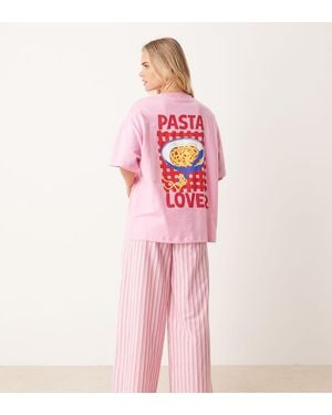 ASOS Asos Design Petite Oversized Tee And Woven Wide Leg Trousers Pyjama Set - Pink