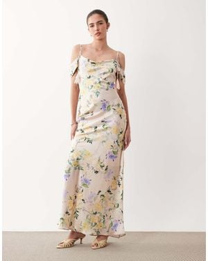 Hope & Ivy Satin Cold Shoulder Cami Maxi Dress - Natural