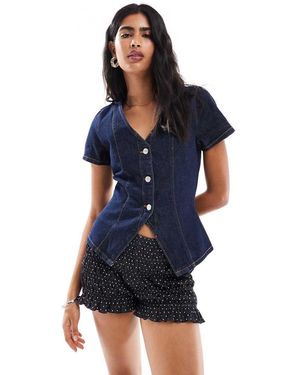 ASOS Denim Button Up Top With V Neck And Half Sleeve - Blue