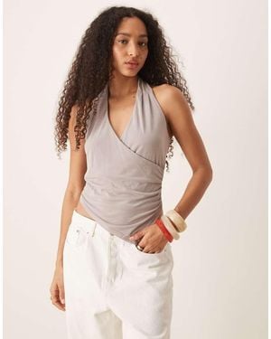 Mango Asymmetric Halter Neck Top With Ruched Cinch Waist Detail - White
