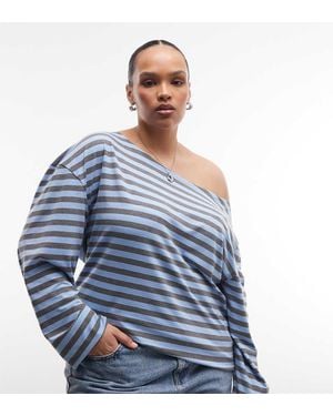 Collusion Plus Long Sleeve Off The Shoulder Stipe Top - Blue