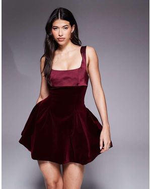 Murci Satin Contrast Square Neck Bow Tie Back Velvet Mini Dress - Red