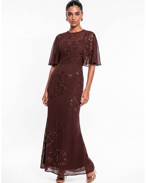 Maya Floral Embellished Cape Sleeve Maxi Dress - Red