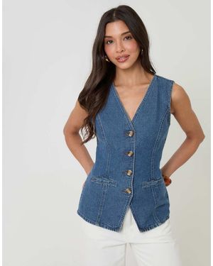 Threadbare Denim Longline V-Neck Waistcoat - Blue