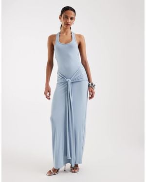 4th & Reckless Soft Jersey Scoop Neck Halterneck Drape Tie Front Maxi Dress - Blue