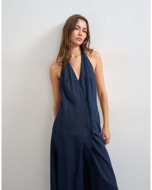 TOPSHOP Premium Linen Rich Halter Neck Wrap Maxi Dress - Blue