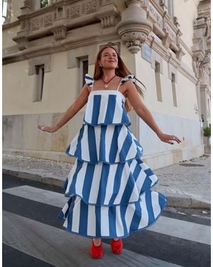 Labelrail X rebecca olivia – gestuftes midaxi-kleid mit zirkusstreifen - Blau
