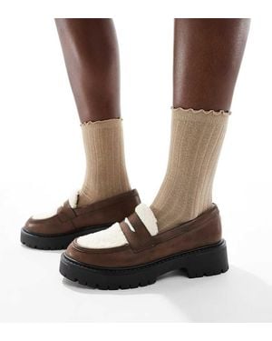 London Rebel Olivia Contrast Teddy Fur Chunky Loafers - Brown