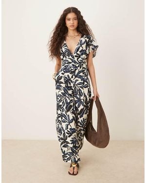 Mango Tuta Jumpsuit A Fiori Con Scollo A V E Cintura - Neutro