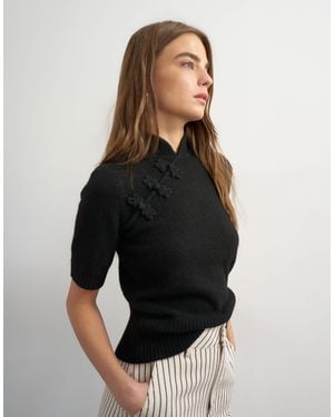 TOPSHOP Knitted Deep Rib Mandarin Collar Short Sleeve Top With Wool - Black
