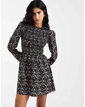 Daisy Street Long Sleeve Shirred Mini Smock Dress - Black