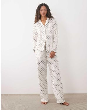 Threadbare Pigiama Super Morbido Con Bottoni E Marrone A Pois - Bianco