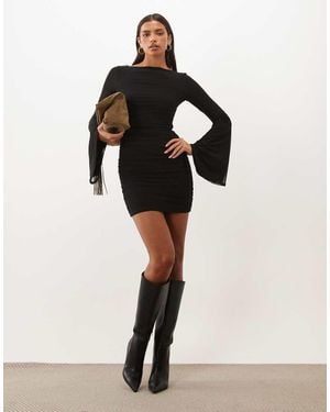 ASOS Mesh Waterfall Sleeve Ruched Mini Dress - Black