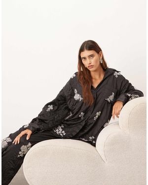 ARRANGE Crinkle Satin Floral Embellished Shirt - Black