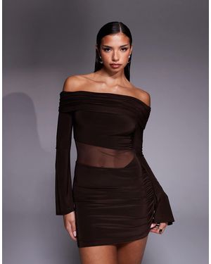 Kaiia Exclusive Slinky Bardot Flare Sleeve Mesh Insert Mini Dress - Black