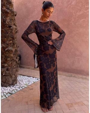 Never Fully Dressed Mesh Long Sleeved Crew Neck Maxi Dress - Brown