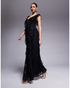 AFRM Trista Mesh Ruffle Maxi Dress With Lace Panels - Blue