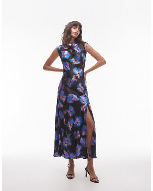TOPSHOP Vestito Lungo Con Stampa A Fiori Grandi E Scollo Drappeggiato - Blu