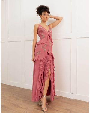 Maya Embellished Waterfall Ruffle Cami Maxi Dress - Red