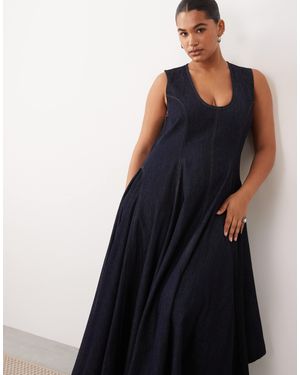 ARRANGE Curve Drop Neck Denim Pleated Hanky Hem Maxi Dress - Blue