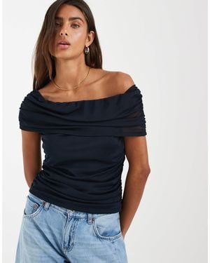 Object Ruched Mesh Off The Shoulder Top - Blue