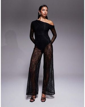 ASOS Lace Wide Legged Jumpsuit With Body Suit Lining And Open Back - Blue