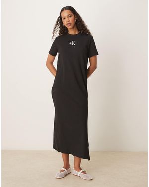 Calvin Klein – geripptes t-shirt-maxikleid - Schwarz