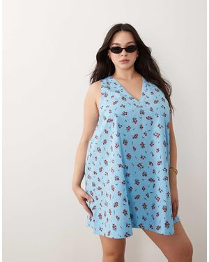 ASOS Asos Design Curve Cotton Linen V Neck Smock Midi Dress - Blue