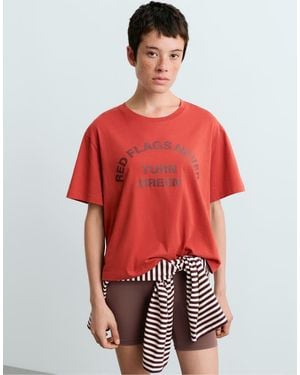 Oysho Boxy Cotton Blend Slogan T-Shirt - Red