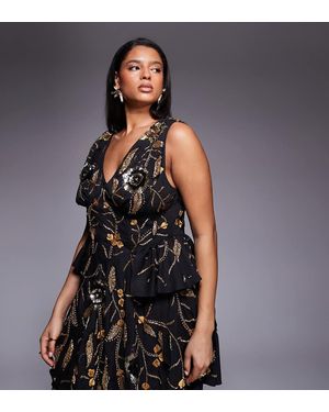 ASOS Vestido De Corte Skater Con Diseño Floral De Abalorios Y Detalle Estilo Corsé De Curve - Gris