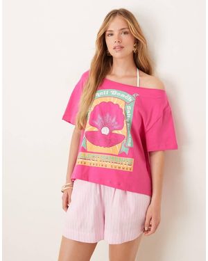 ASOS Oversized Off Shoulder T-shirt With Oyster Shell Graphic - Pink