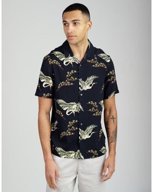 French Connection Bird Print Short Sleeve Revere Collar Shirt - Blue