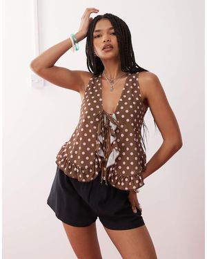 Reclaimed (vintage) Cheesecloth Polka Dot Print Ruffle Tie Front Blouse - Brown